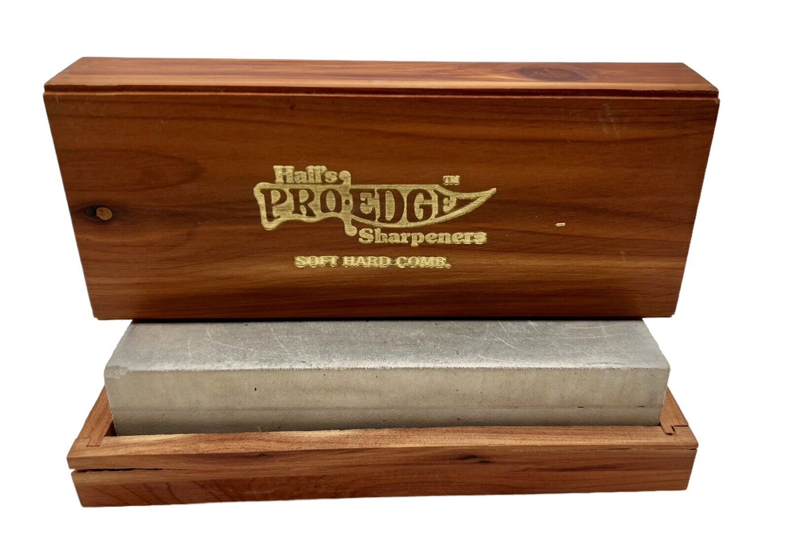 HALL\'S PRO EDGE Knife STONE Block SHARPENERS Soft Hard Comb WOOD Case Wooden BOX