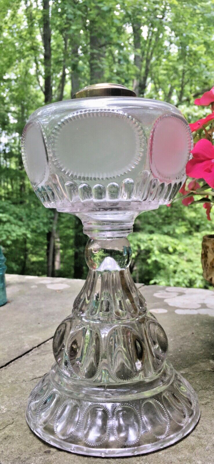 Antique Findlay Glass Kerosene Stand Lamp Eyewinker Thumbprint with Oval Window