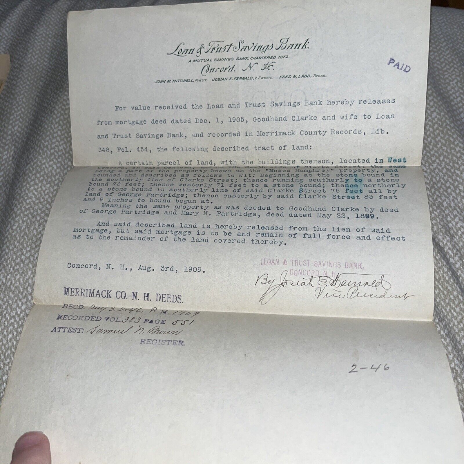 Antique Concord New Hampshire Mortgage Release Doc Mayor Moses Humphrey Property