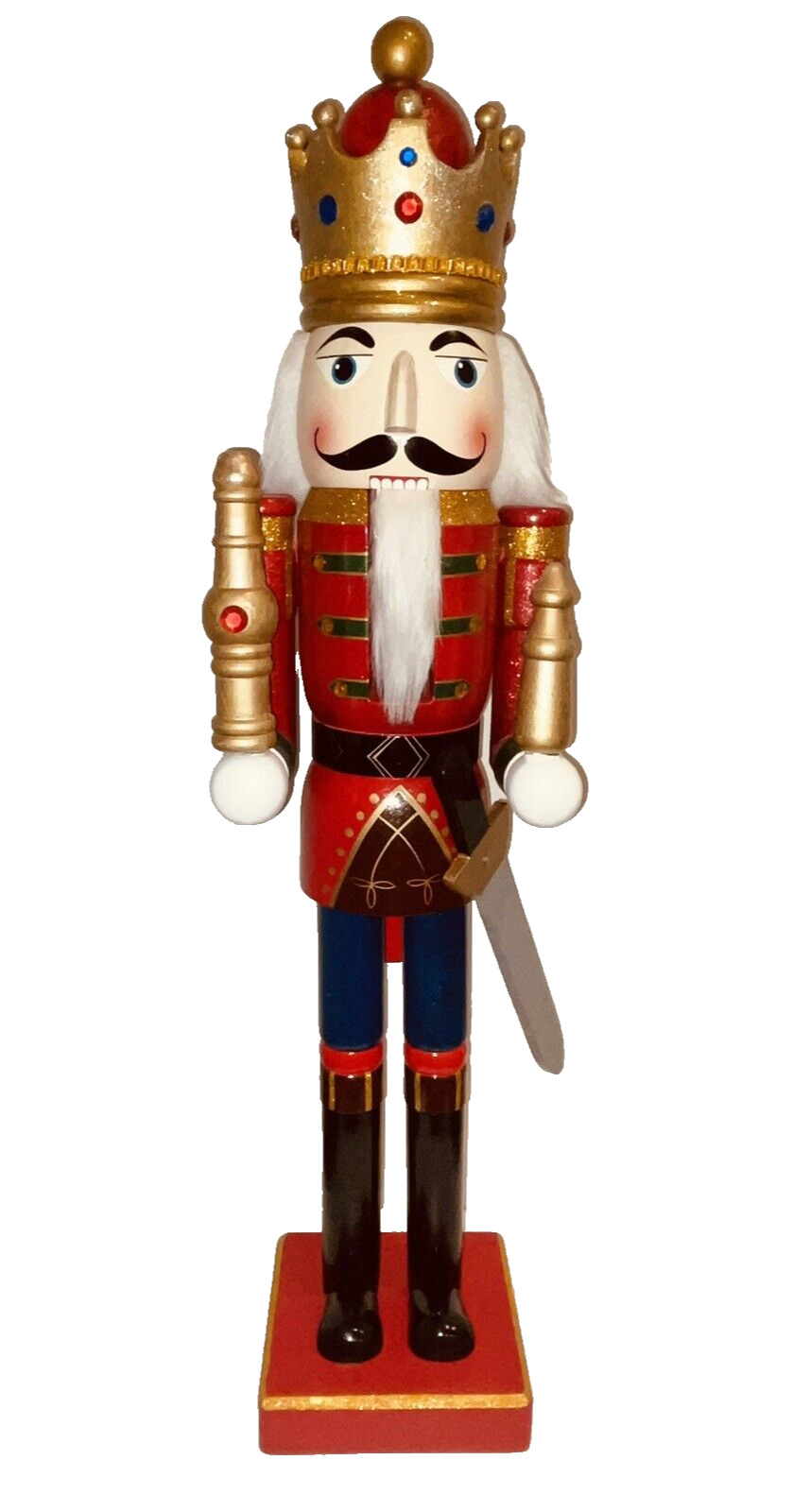 Christmas Wooden Nutcracker King with Jeweled Gold Crown & Sword 36 inches Tall