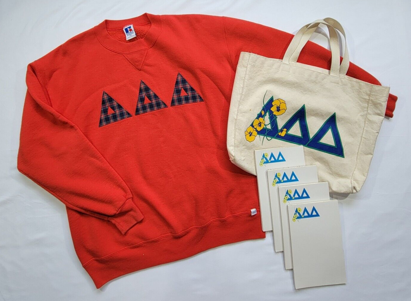 Vintage 80s Tri Delta Sorority Russell Athletic Sweatshirt/Canvas Bag/Stationary