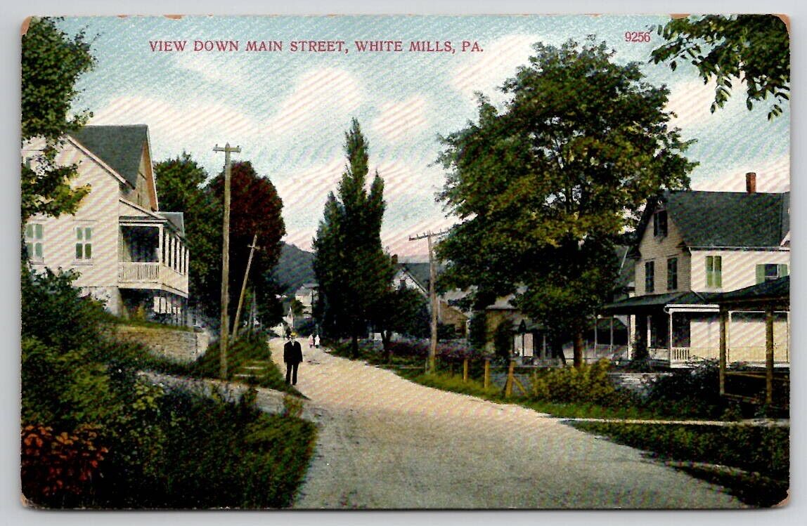 White Mills PA View Down Main Street Pennsylvania Postcard B49
