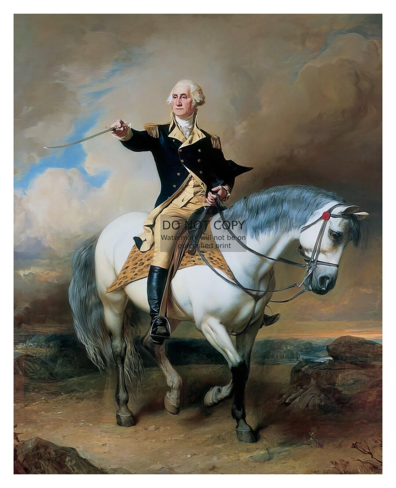 PRESIDENT GEORGE WASHINGTON RIDING HORSE WITH SWORD PAINTING 8X10 PHOTO
