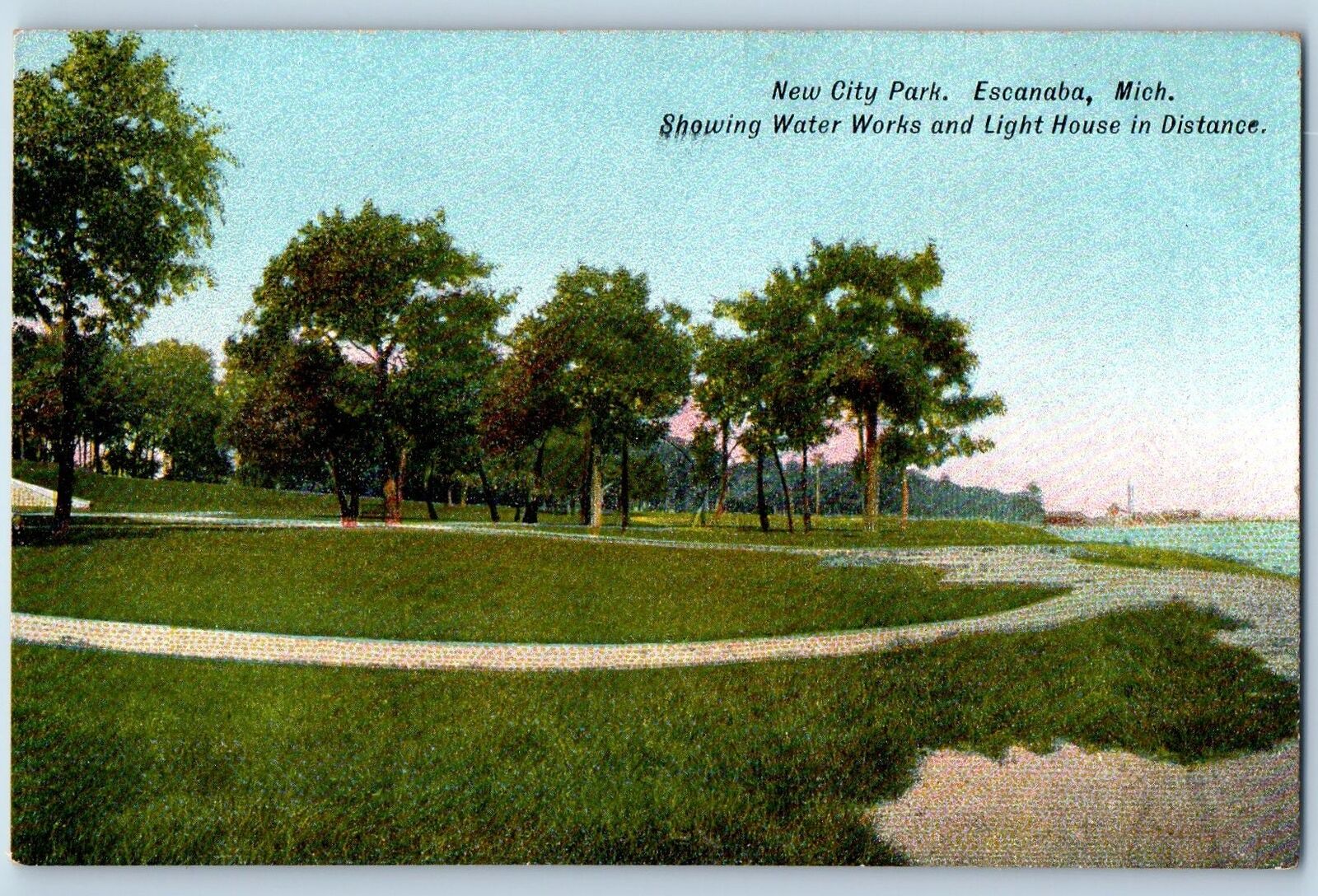 c1905\'s New City Park Showing Water Works Lighthouse Escanaba Michigan Postcard