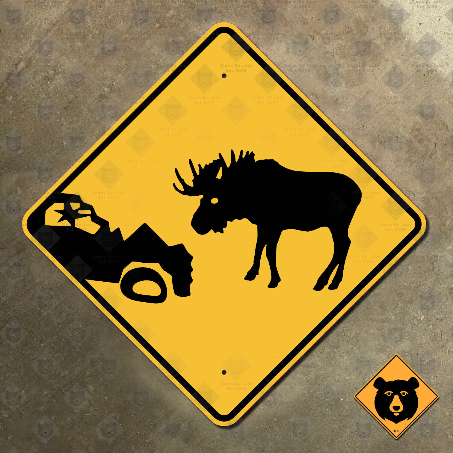 Newfoundland Canada moose warning wrecked car highway marker road sign 12x12