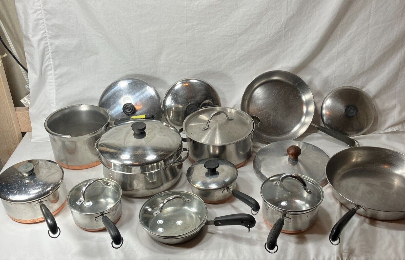 VINTAGE 1801 REVERE WARE STAINLESS COPPER BOTTOM COOKWARE - HUGE LOT 21 PIECES