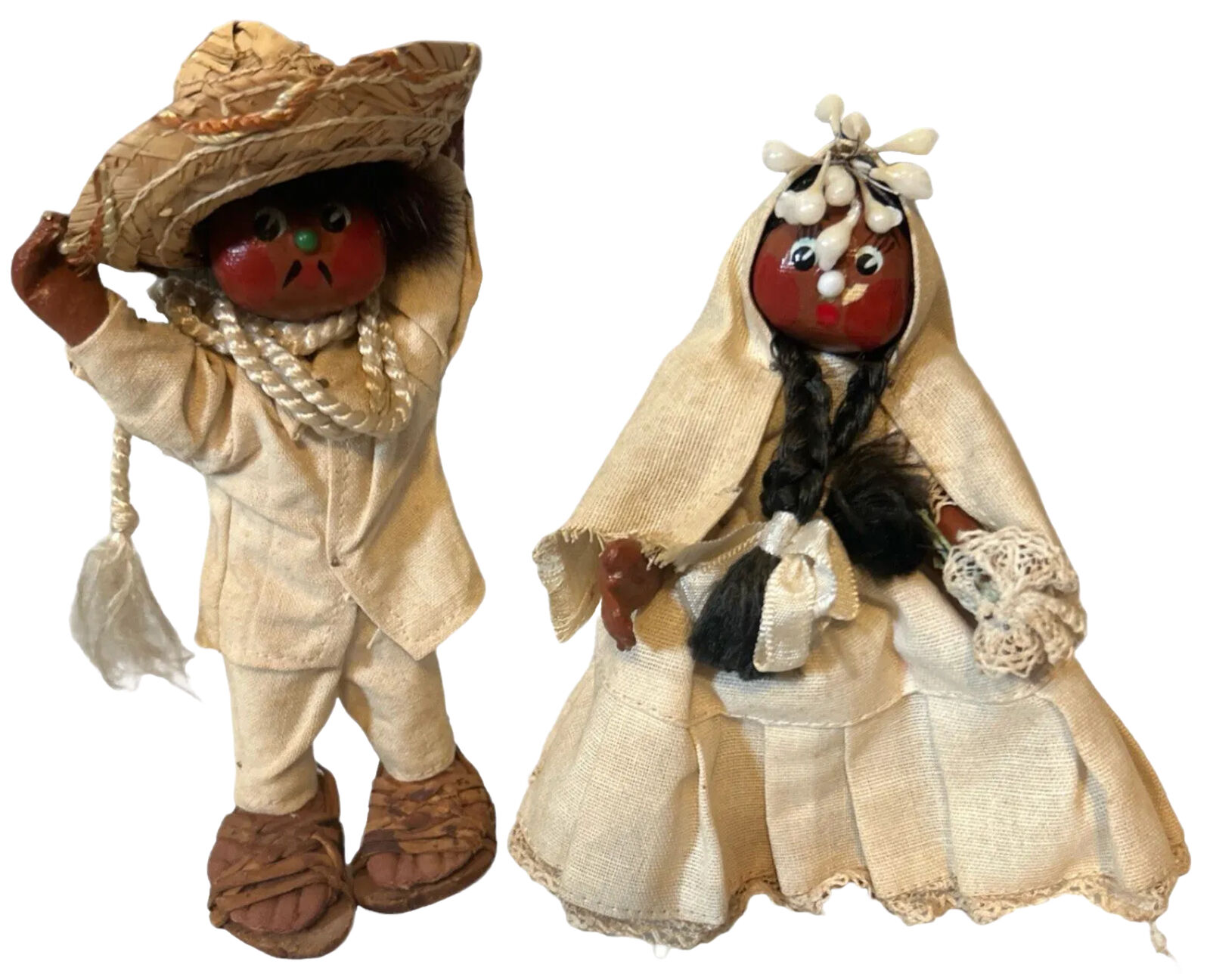 Vtg Mexican Folk Art Wedding Dolls Bride Groom Straw Hat