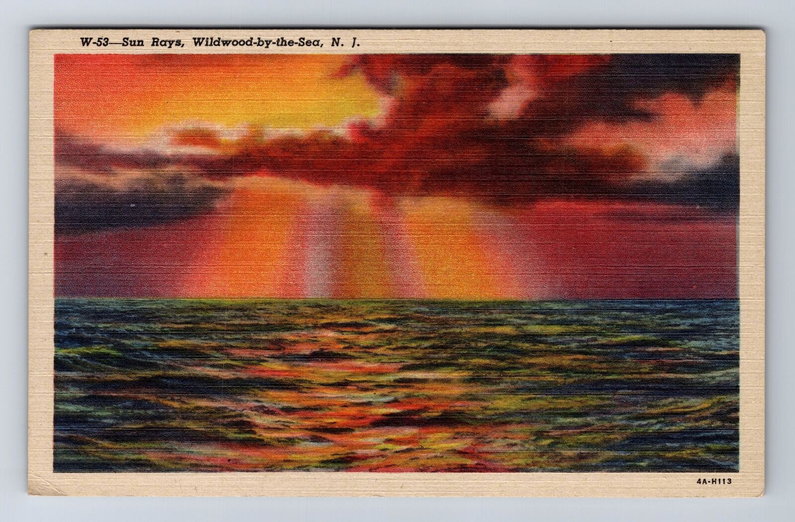 Wildwood-by-the-Sea NJ-New Jersey, Sun Rays on Ocean, Antique Vintage Postcard