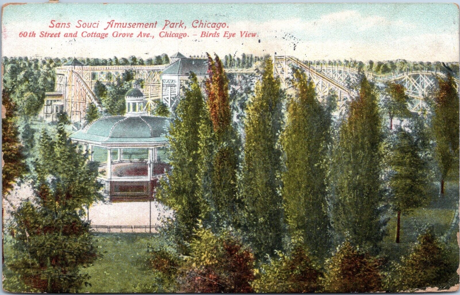 Sans Souci Amusement Park, Chicago Illinois - 1910 d/b Postcard- Roller Coaster