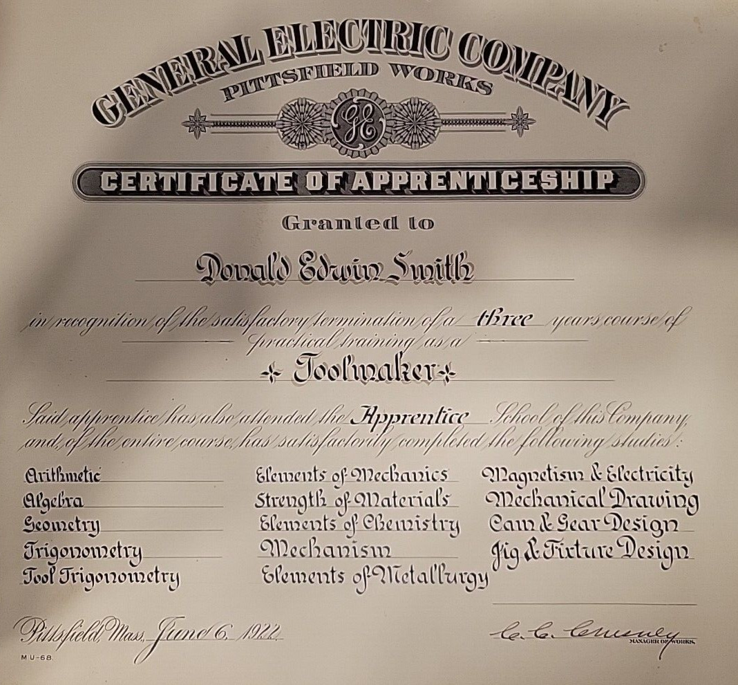 vintage 1922 General Electric certificate of apprenticeship
