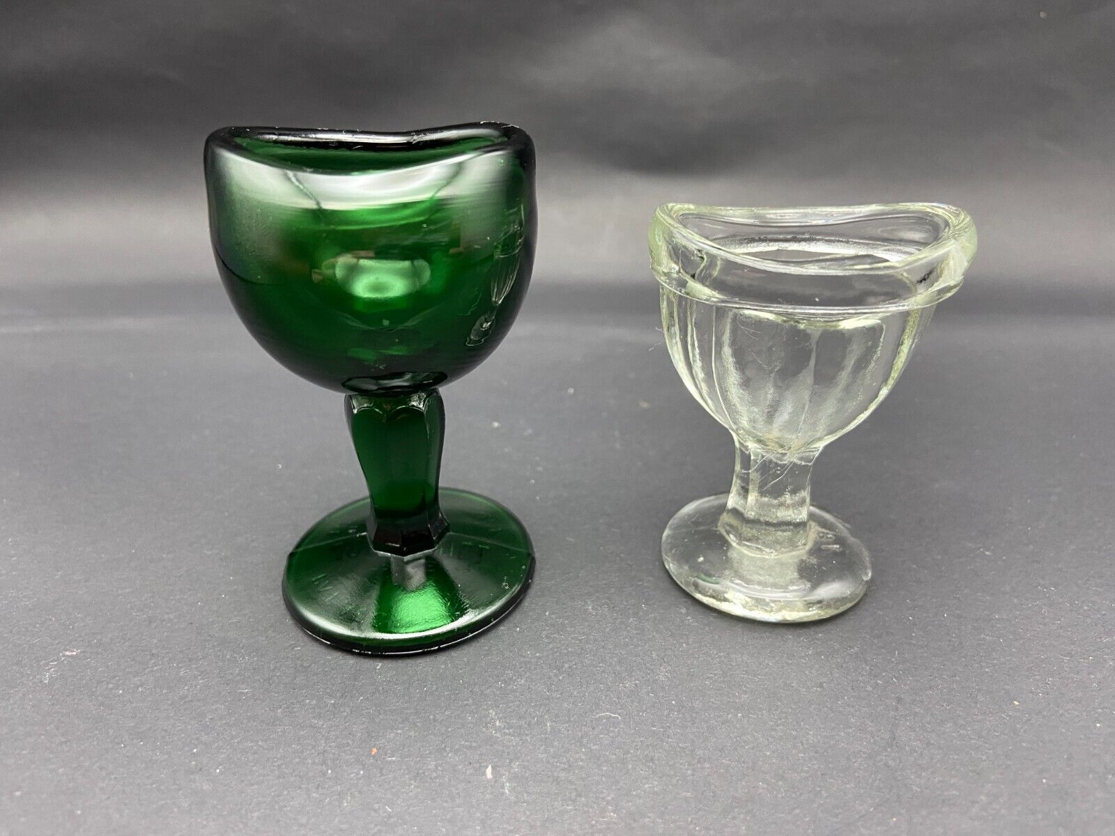 Vintage John Bull Dark Green Glass Pedestal Eye Wash Cup + Clear One
