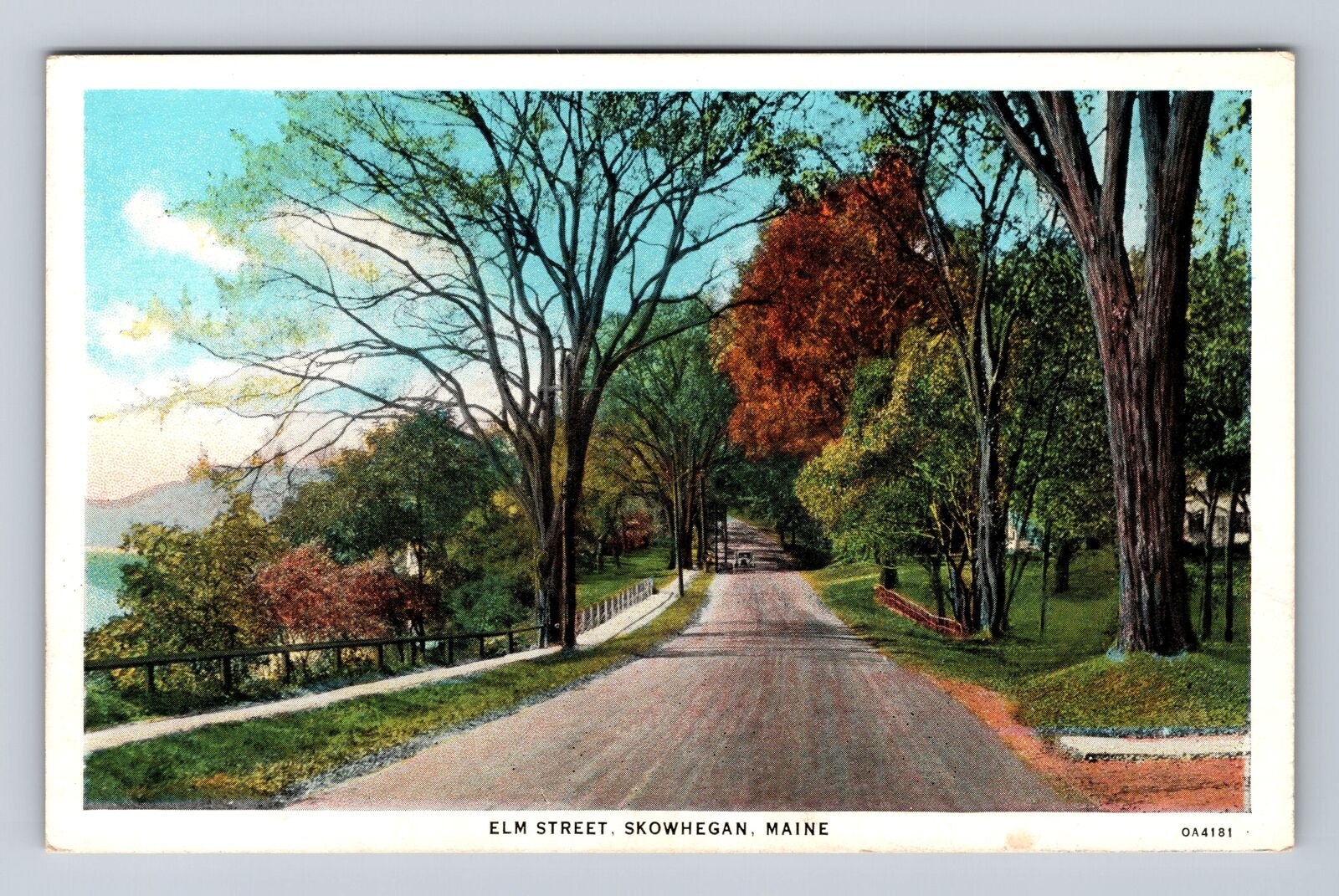 Skowhegan ME-Maine, Scenic Greetings, Elm Street in Fall, Vintage Postcard