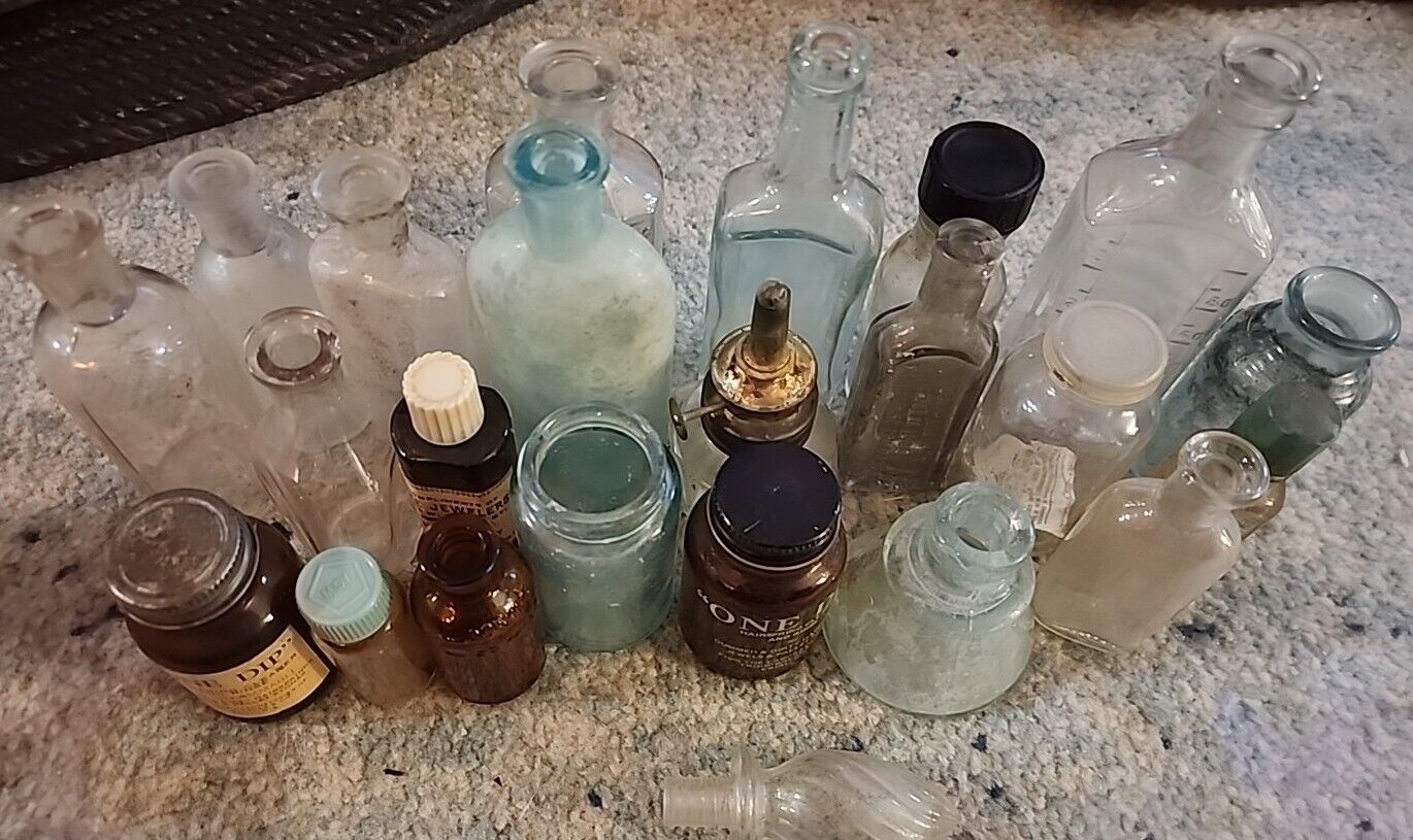 Lot of 23 antique Vtg. Small Bottles Lantern Topper Blue Brown Clear Various