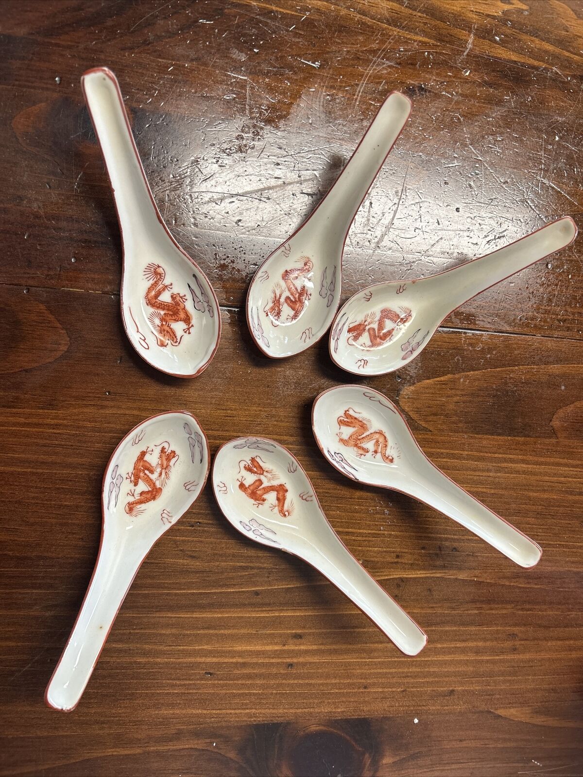 Chinese Red Dragon Porcelain Soup Spoons Lot Of 6 Hand Painted