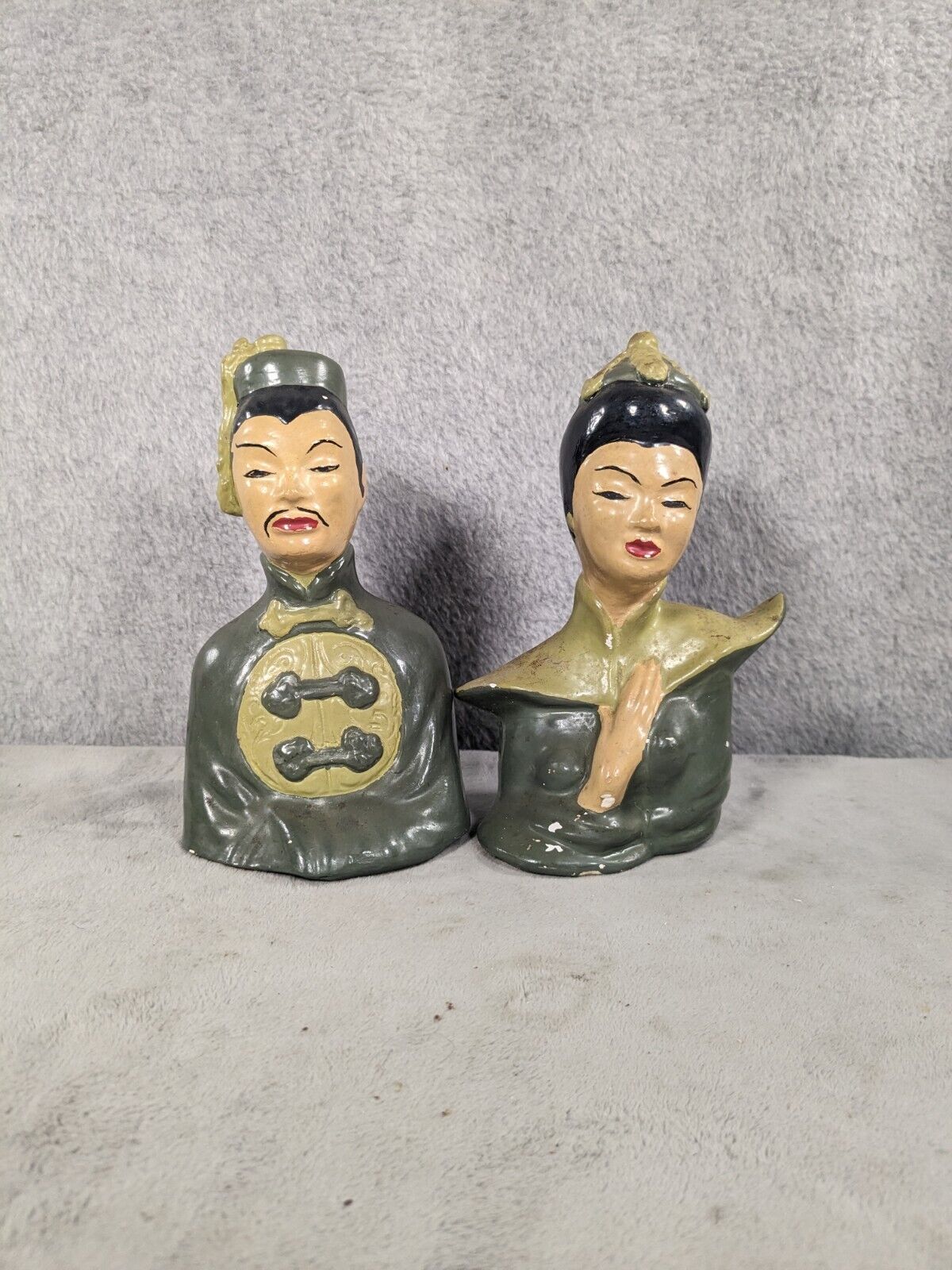 Vtg 1950'S Chinese Man & Woman Ceramic Bust Figurines Hand Painted ~ USA
