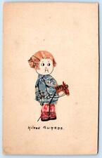 ANTIQUE HANDMADE POSTAGE STAMP POSTCARD CHILD ON STICK HORSE GUARDS UNUSUAL OOAK picture