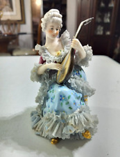 Antique Irish Dresden Lace Porcelain Figurine, Lady w/Guitar, 6