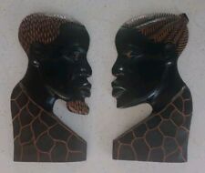 Pair Vintage Wooden African Profile Man And Woman Tribal Carved Wall Hanging 17
