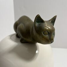 Vintage MCM Solid Brass Cat Crouching Figure Playing Kitty 7” Brass Collectible picture