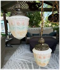 Vintage 70s Double Swag Hanging Lamp EF & EF Cased Globes Ceiling Light Fixture picture