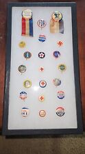 21 Antique Pinback Buttons Politics Military + Brand New Glass Front Disply Case picture