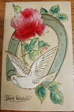 Germany Postcard 1911 Embossed Flocked Rose horse shoe Dove Bird bestWishes Gold picture