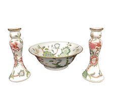 Andrea by Sadek Chinese Ceramic and Floral bowl and two candlesticks Crewelwork picture