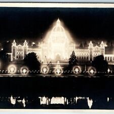 c1930s Victoria, BC, Canada Parliament Building Light Night RPPC Real Photo A141 picture