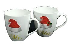Pfaltzgraff Christmas mugs Mr and Mrs white with red Santa hats coffee cups 16oz picture