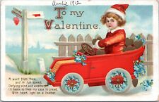 1912 Valentines Postcard- Unsigned Ellen Clapsaddle- Girl Driving Flower Car picture