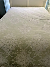 VTG  Woven Brocade Bedspread Coverlet Green Ivory Lace Print 74X92