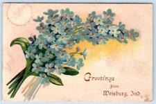 1908 GREETINGS FROM WEISBURG INDIANA ANTIQUE POSTCARDS BLUE FLOWERS picture
