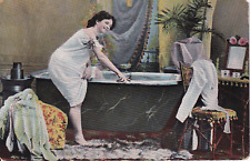 Vintage Pretty Woman Stepping Into A Bathtub For A Soak Early 1900's Postcard picture