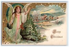 c1905 Merry Christmas Angel Pine Trees House Winter Embossed Antique Postcard picture