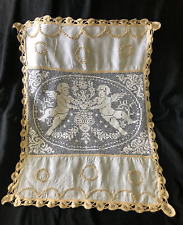 Antique French Lawn Cotton Gold Silk Thread Hand Lace Linen Filet Cherubs c1870s picture