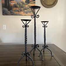Lot Of 3 Wrought Iron Twisted Floor Candle Holders Brutalist Vintage Spanish picture
