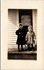 RPPC 2 Little Girls Winter Coats Hats Outdoor Home Porch 1907-1918 Postcard UNP picture