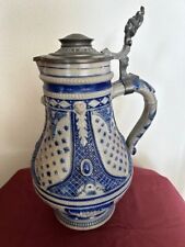Antique German Salt Glazed Lidded Stoneware Beer Stein Pitcher Grey Cobalt Blue picture