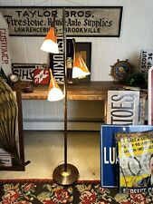 Vtg 1960s Teak Brass 3 Shade Cattail Lamp MCM Lighting Mid Century Living Room picture