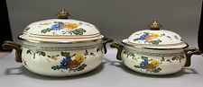 Set of 2 Enamelware Brass Handled Floral Covered Dutch Ovens Pots with Lids picture