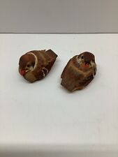 Set of 2 vintage hand carved wood birds w/ glass eyes brown & red 3” long picture