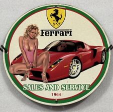 1964 FERRARI SALES AND SERVICE GARAGE SEXY GIRL PINUP PORCELAIN ENAMEL SIGN. picture