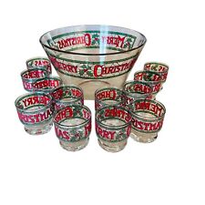 vtg Houze Cera Merry Christmas Holly Stain Glass Punch Bowl Set by Houze Cera picture