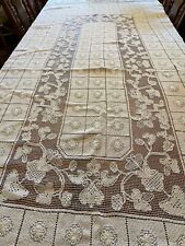 Beautiful Vintage Handmade Linen Embroidered Crochet Floral Table Cloth 58 X 90” picture