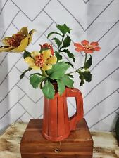 Vintage 1960s Metal Enameled Flowers Faux Wood Ceramic Water Jug Vase Boho Chic picture