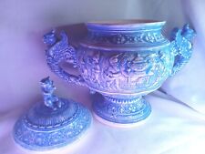 VINTAGE COVERED BLUE URN TUREEN  GNOMES AND DRAGONS SIGNED W/RACCOON EATING FISH picture