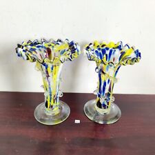 1920s Vintage Handmade Multicolor Blue Glass Flower Vase Pair Pontil Mark Rare picture