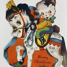 Vintage Mid Century Christmas Greeting Card Cute Cat Riding Pony Horse Small Sz picture