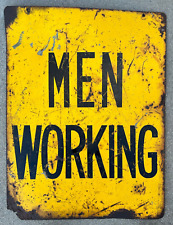 VTG 2-Sided MEN WORKING Sign 1920s 1930s HEAVY Awesome PATINA Black YELLOW 23x18 picture