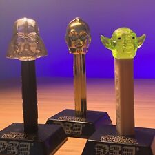 Set of 3 Star Wars PEZ on Stands - Crystal Yoda & Darth Vader, Gold-plated C-3PO picture
